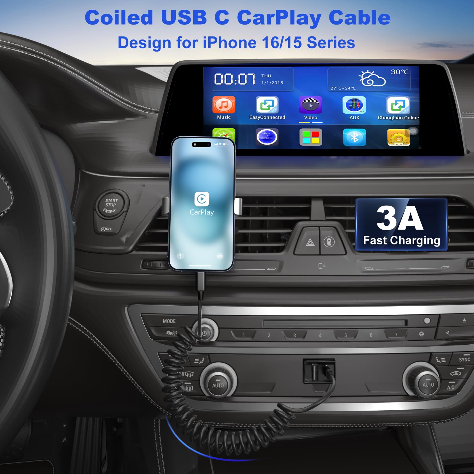 OKRAY Cable USB C en espiral para coche, paquete de 2 unidades de 5 pies USB-C a USB-C de 60 W, cable de carga rápida tipo C, cable de carga retráctil para coche, compatible con teléfono 15 Pro Max/15
