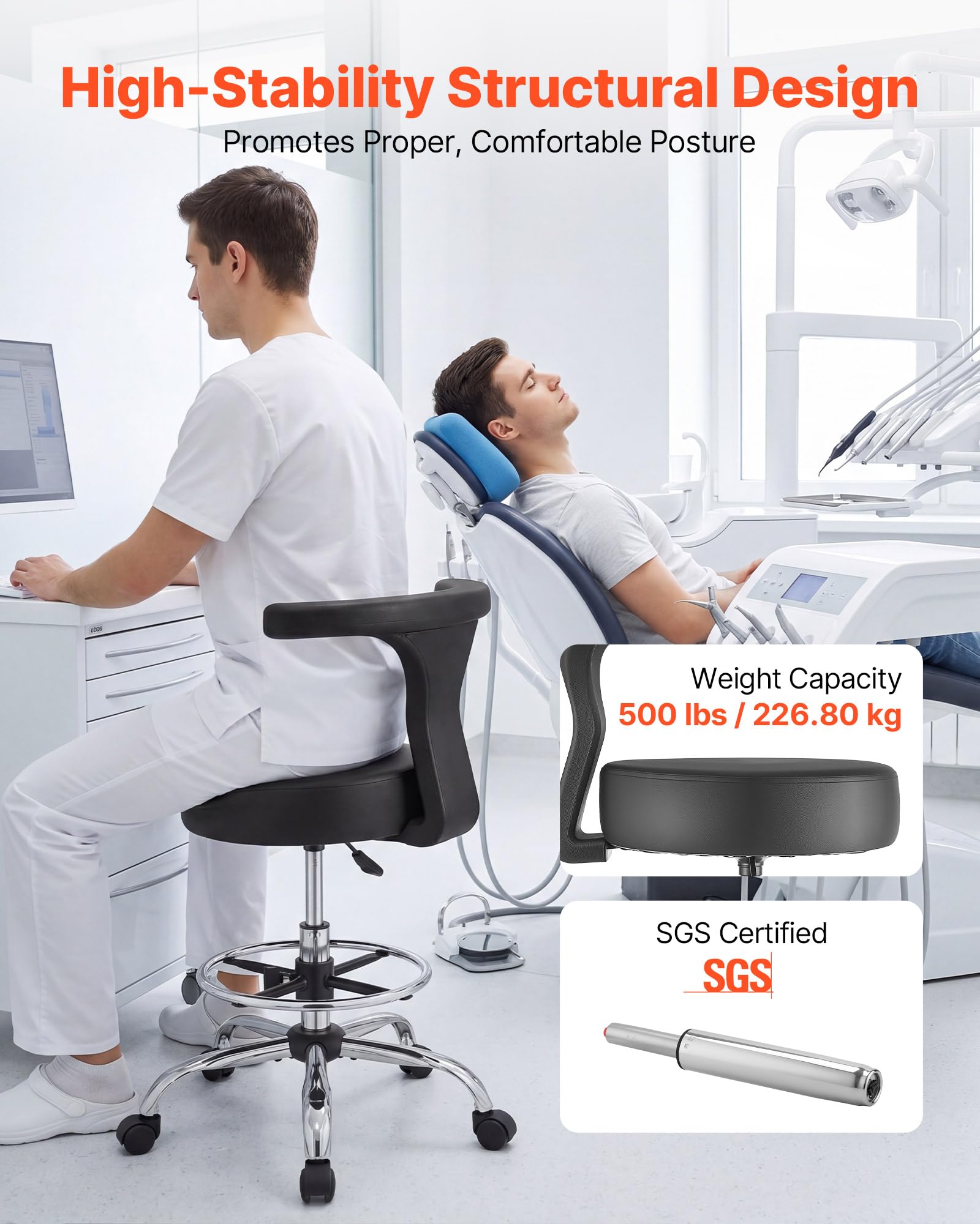 VEVOR Rollhocker 226,8 kg, Arbeitshocker Höhenverstellbar, mit Rückenlehne & Ergonomischem Sitz aus PU-Leder, 360° Drehbar, Ideal für Zahnarztpraxen, Kosmetikstudios & Kliniken, Schwarz
