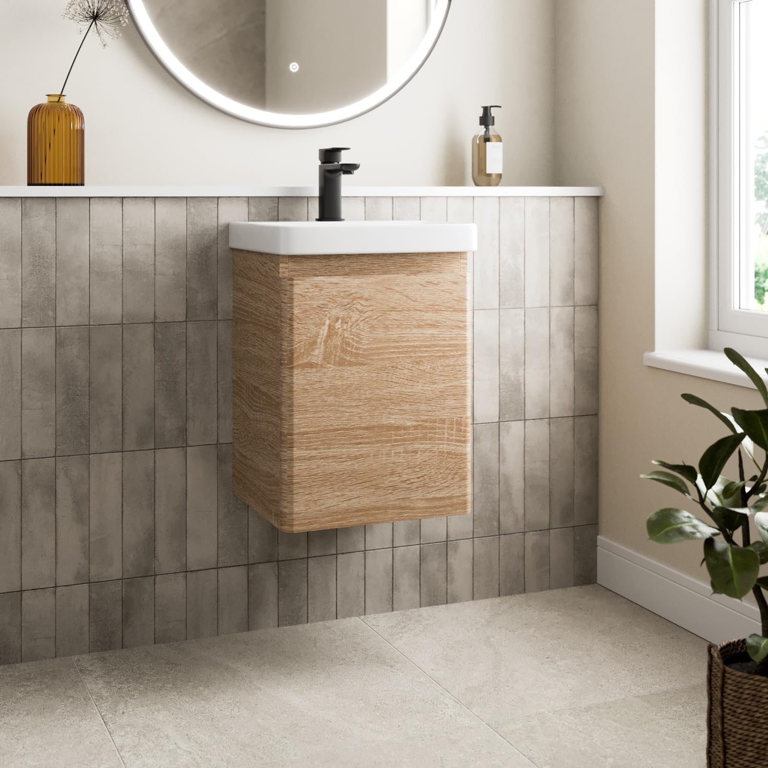 Affine® 400mm Vanity Unit Wash Basin Sink Bathroom Wall Mounted Storage Cabinet Cupboard Cloakroom, Soft Close Door, Wood Oak Effect