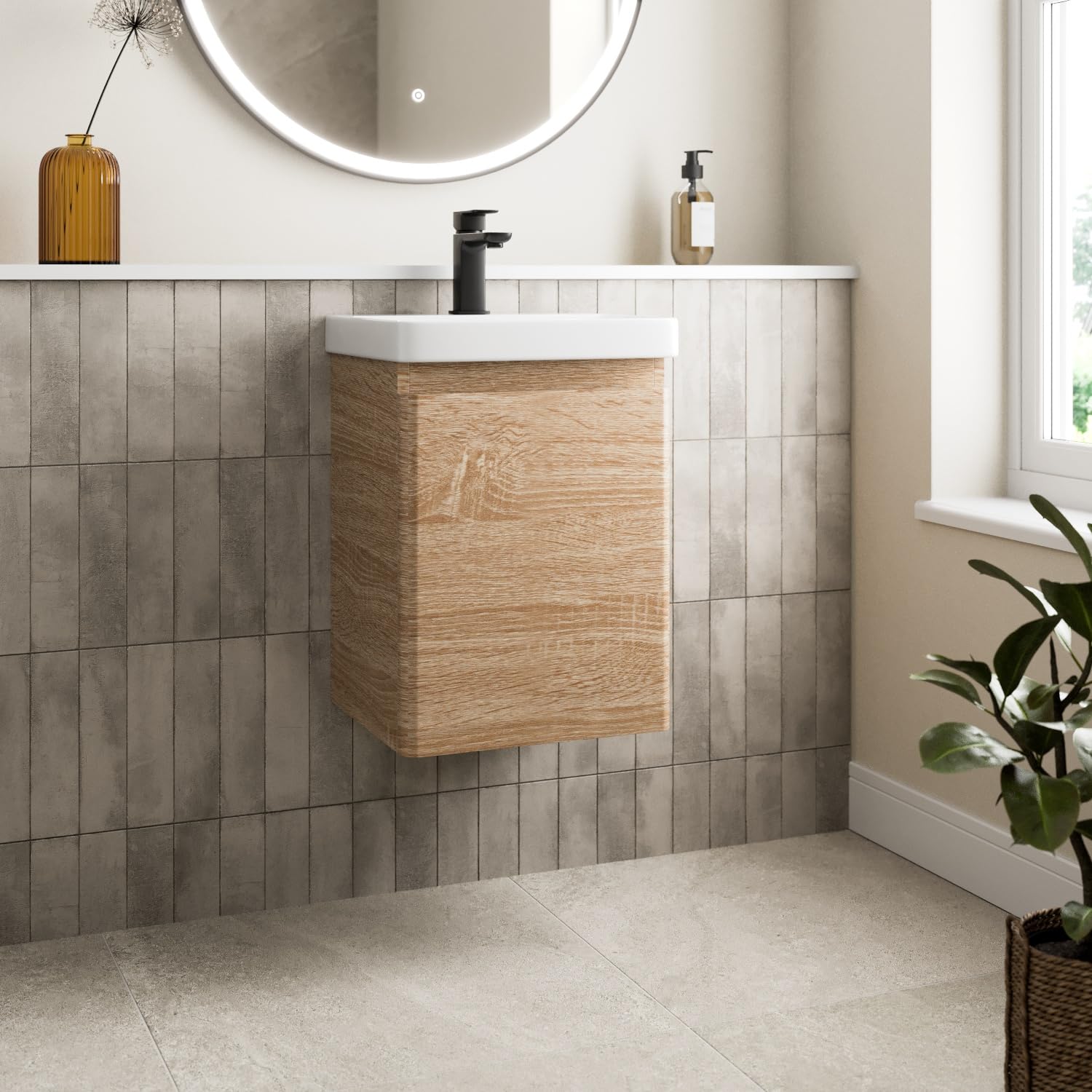 Affine® 400mm Vanity Unit Wash Basin Sink Bathroom Wall Mounted Storage Cabinet Cupboard Cloakroom, Soft Close Door, Wood Oak Effect