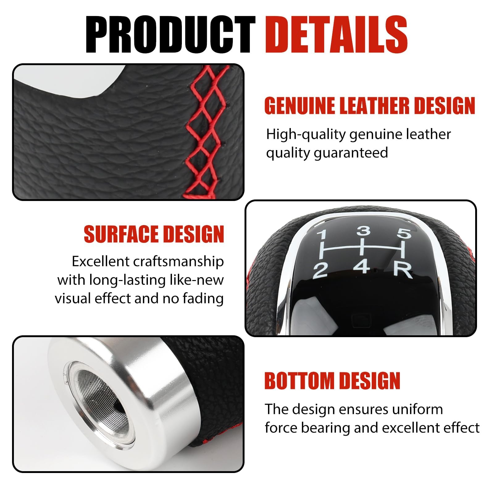 Universal Schaltknauf Manueller Schaltknauf, Hochwertiger Schaltknäufe Mit 3 Adaptern (8mm, 10mm, 12mm) Aus Aluminiumlegierung Und Leder in Schwarz Und Rot Für Eine Verbesserte Fahrdynamik