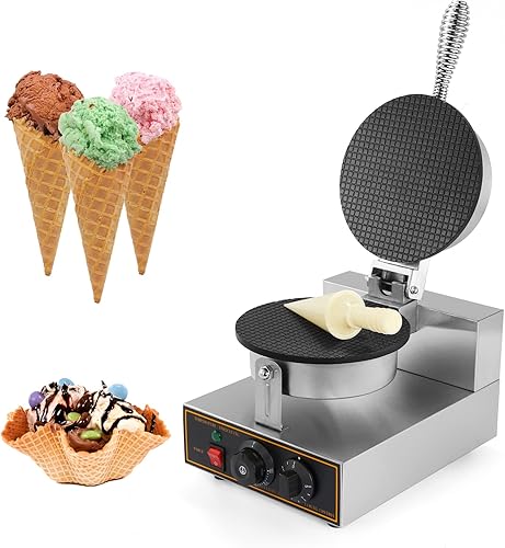 WICHEMI Máquina comercial para hacer conos de helado de waffle, máquina eléctrica de acero inoxidable, antiadherente, para uso doméstico,