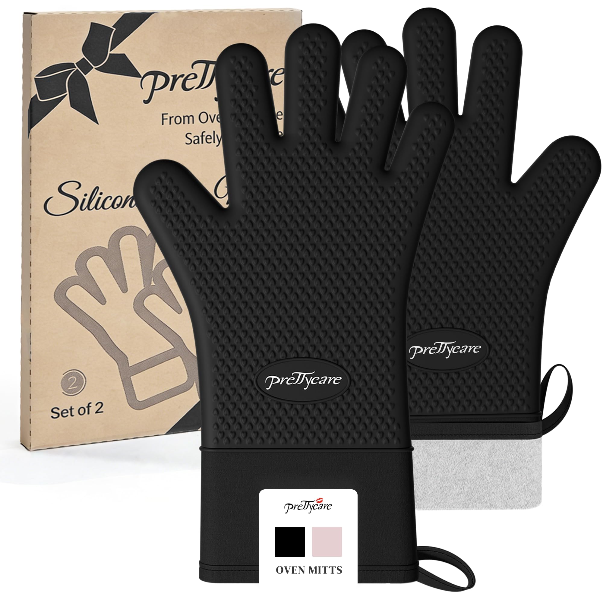 PrettyCare Gants de cuisine extra longs de 35,6 cm en silicone, imperméables et antidérapants avec doigts, gants de cuisine en silicone doublés de coton, résistants à la chaleur pour la pâtisserie, la