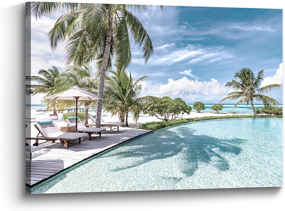 Color Play Beach Ocean Wall Art Decor: Coastal Seascape Canvas Picture Tropical Palm Scene Artwork Sea Seaside View Painting Print for Bathroom Living Room Bedroom