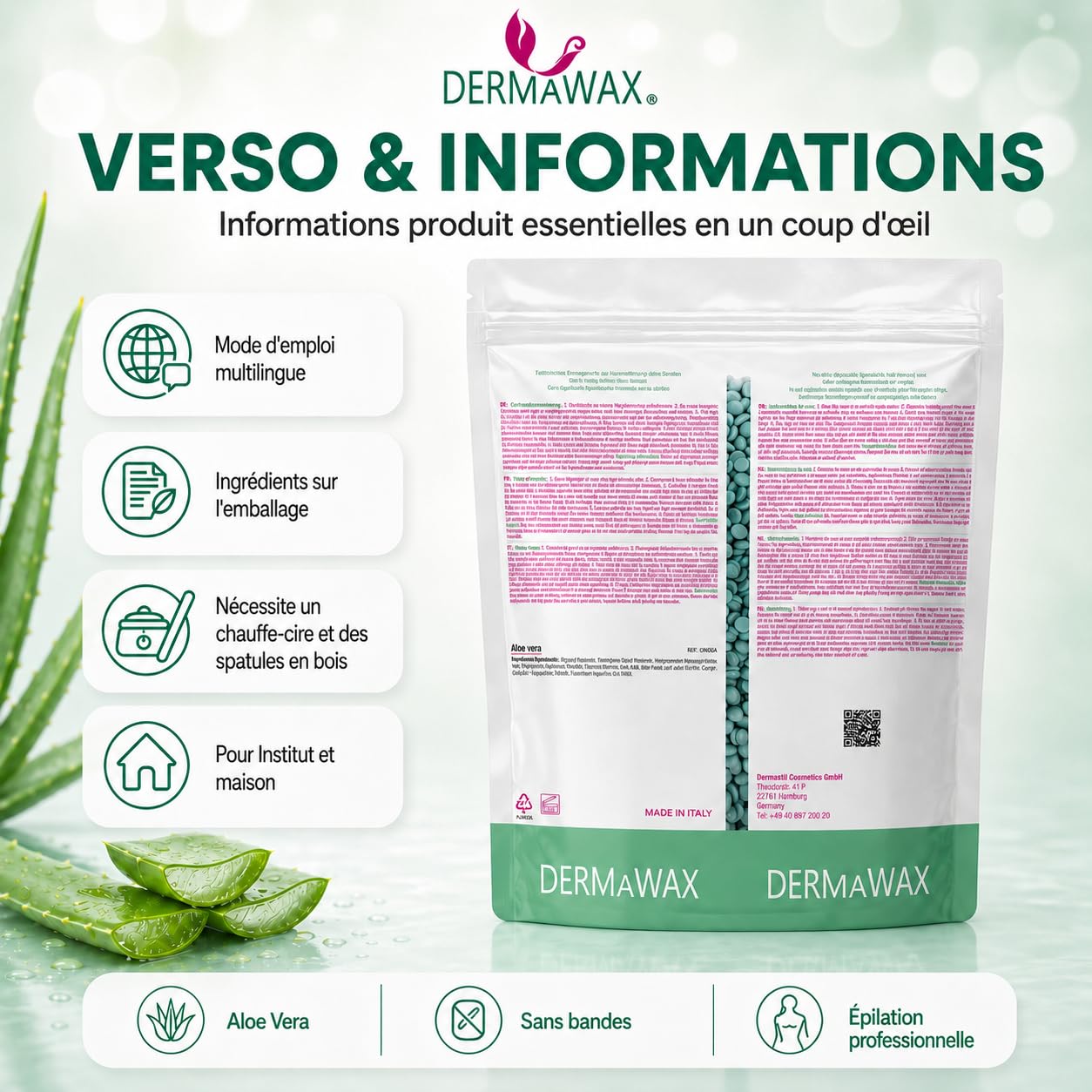 DERMAWAX Perles de Cire Chaude Épilation Sans Bande Aloe Vera 1 kg – Cire Pelable Professionnelle Basse Température, Application Multidirectionnelle – Made in Italy, Peaux Sensibles, Maillot, Visage