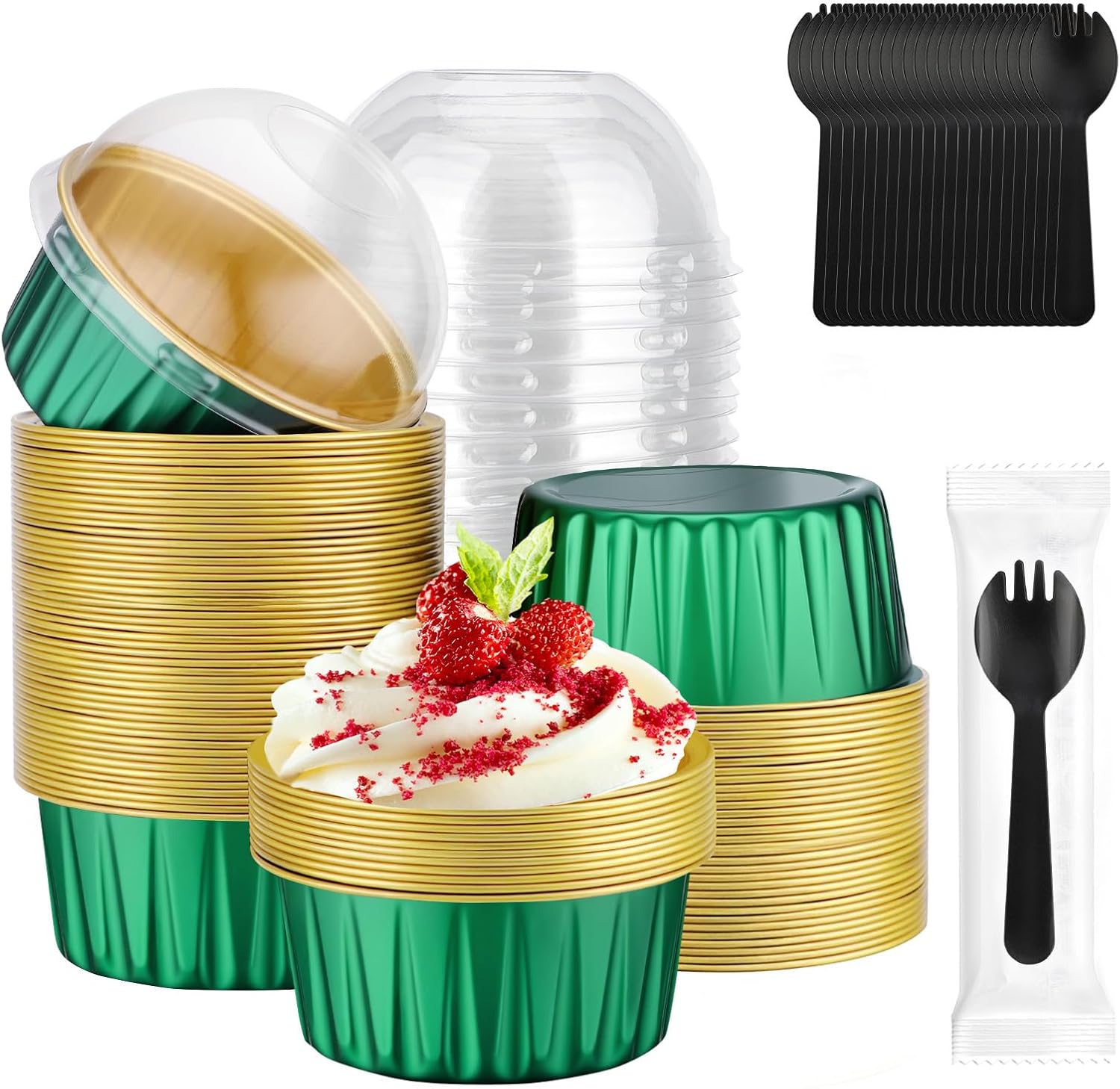 EUSOAR Disposable Ramekins with Sporks Individually Wrapped, 60pcs 5oz Mini Cake Pans with Lids and Plastic Sporks, Foil Creme Brulee Cupcake Ramekins Muffin Liners Baking Cups for Wedding Party Favor