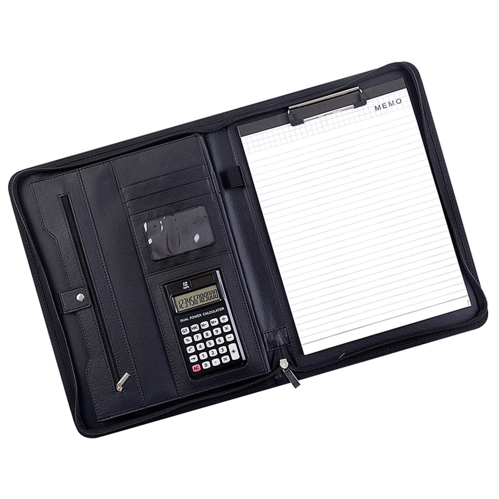 Carpeta de conferencias de negocios con calculadora de 12 dígitos y blocs de notas, funda de piel con cremallera, organizador de archivos, portapapeles con cremallera