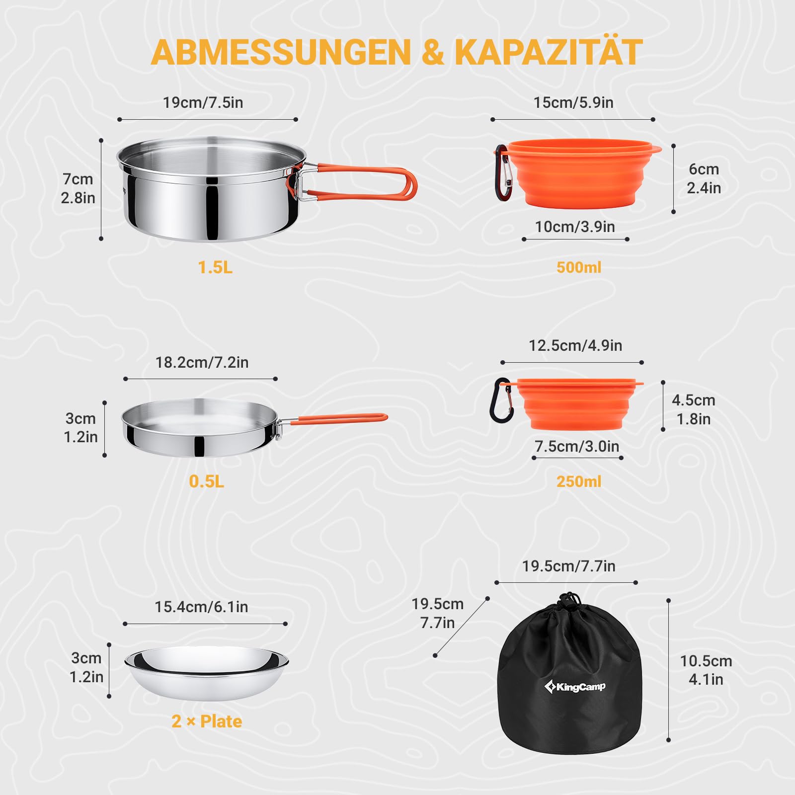 KingCamp Camping Geschirr Set, Camping Kochgeschirr aus Edelstahl, Camping Töpfe mit Faltbare Besteck, Ultraleicht Camping Topf Pfanne Set für Campingkocher