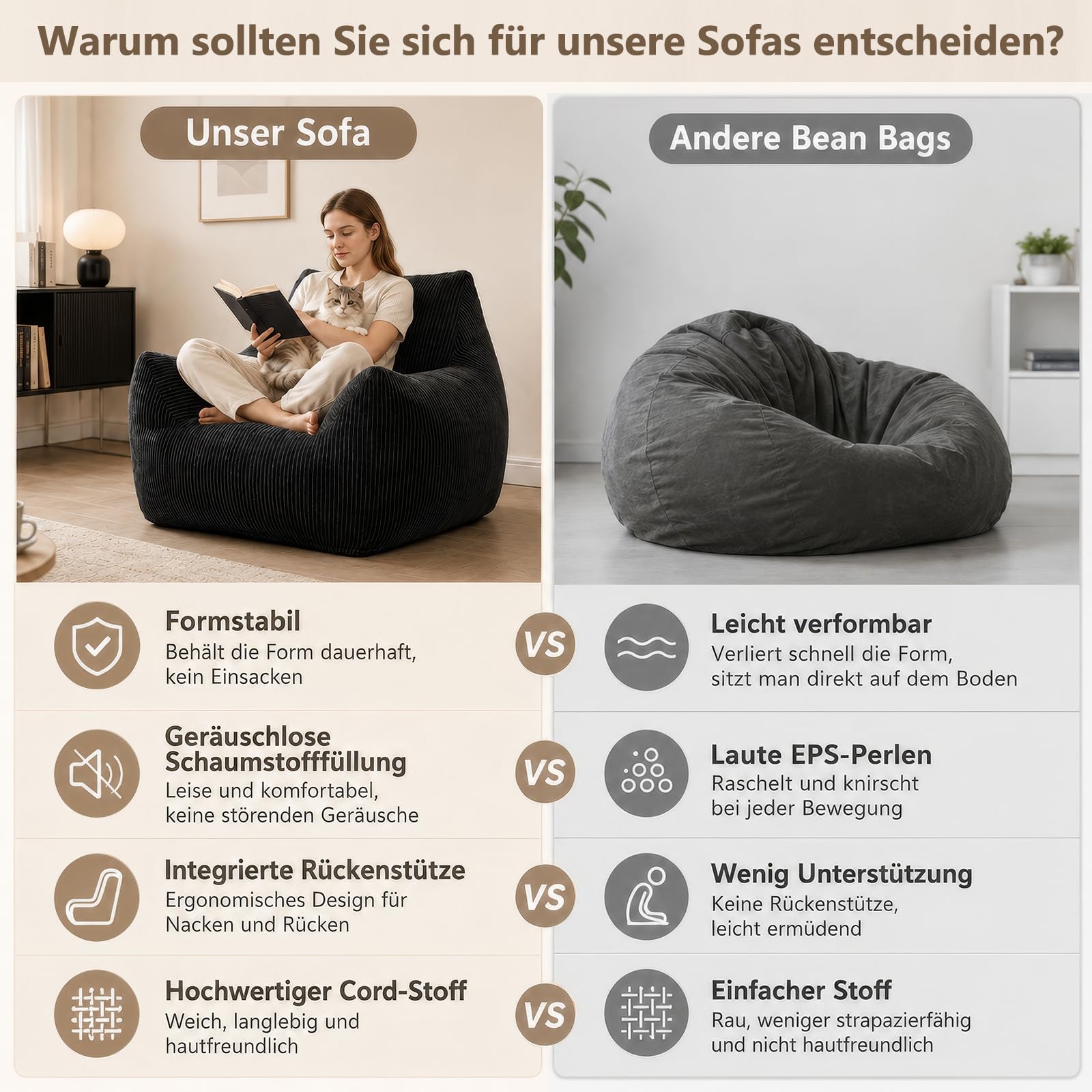 Puf para adultos con relleno, sillón de pana con respaldo, sillón grande para videojuegos y silla de suelo para salón, dormitorio y habitación juvenil, 80 x 73 x 80 cm, color negro