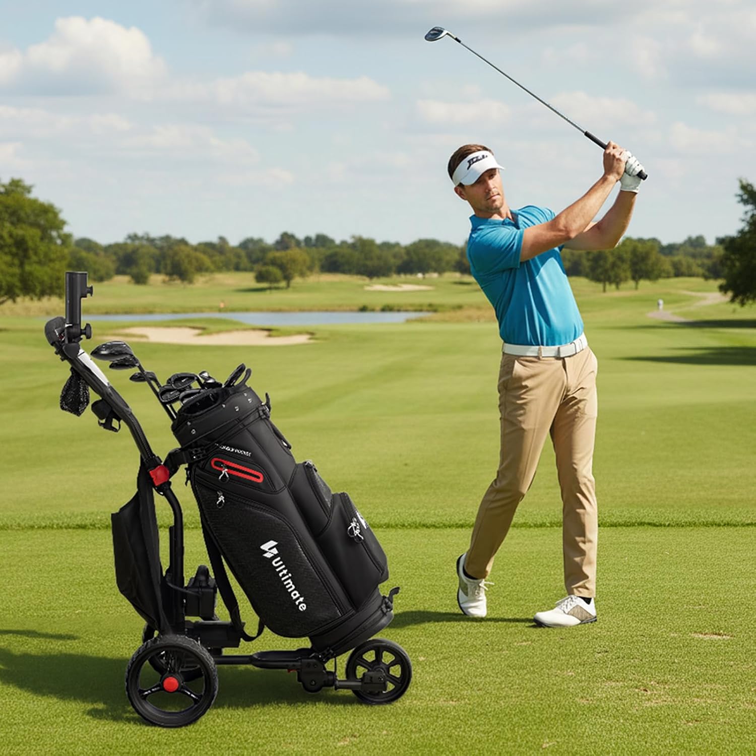 ULTIMATE Electric Golf Push Cart, 3-Wheel Foldable Golf Bag Cart w/9-Level Speed Settings, Adjustable Handle, Umbrella Holder, Cup Holder, Scorecard Holder, Cooler Bag & USB Charging Port, Black