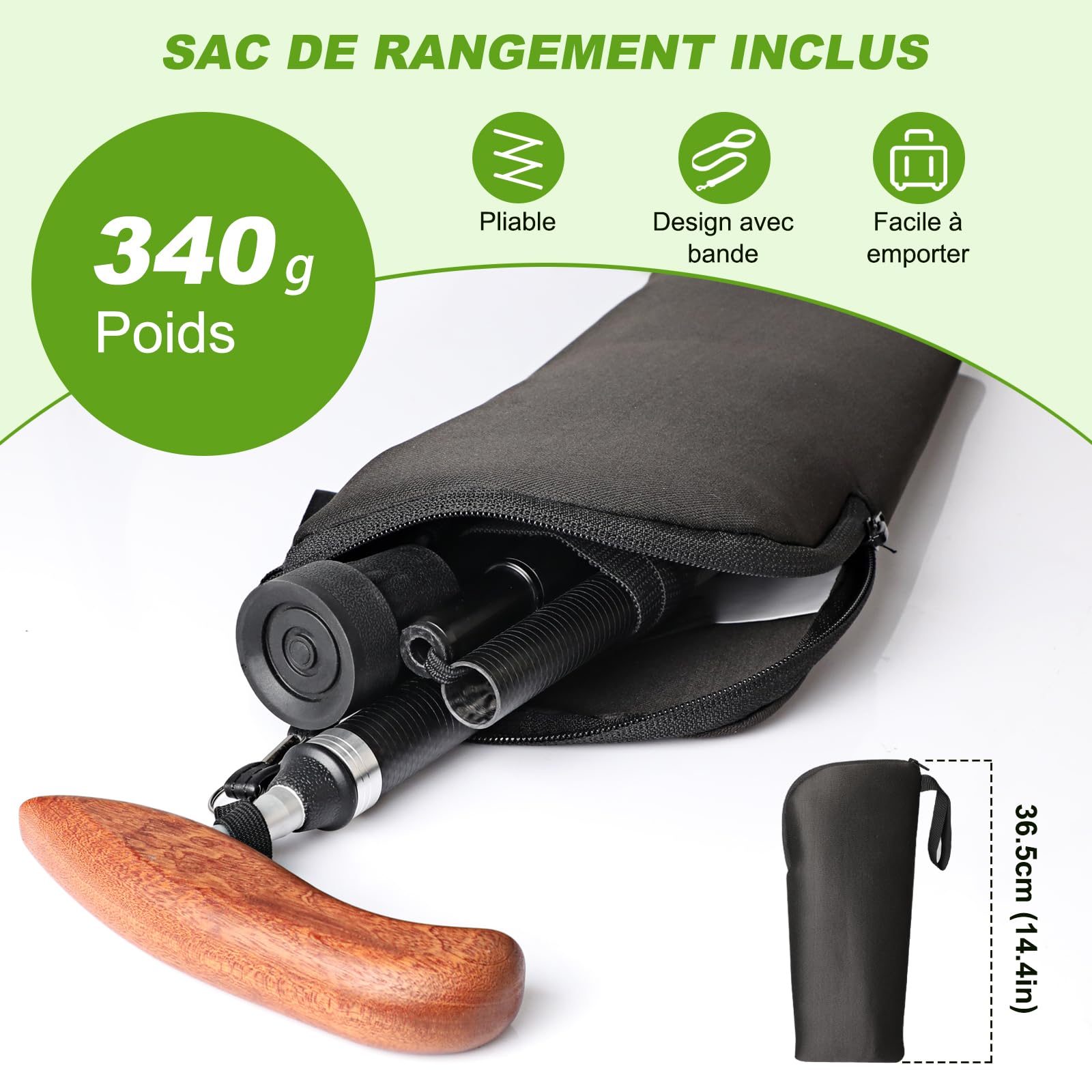Canne de Marche en Fibre de Carbone Légère avec Sac de Transport, Embout en Caoutchouc Antidérapant et Amortisseur (2 Embouts de Rechange Inclus), Pliable et Réglable en Hauteur