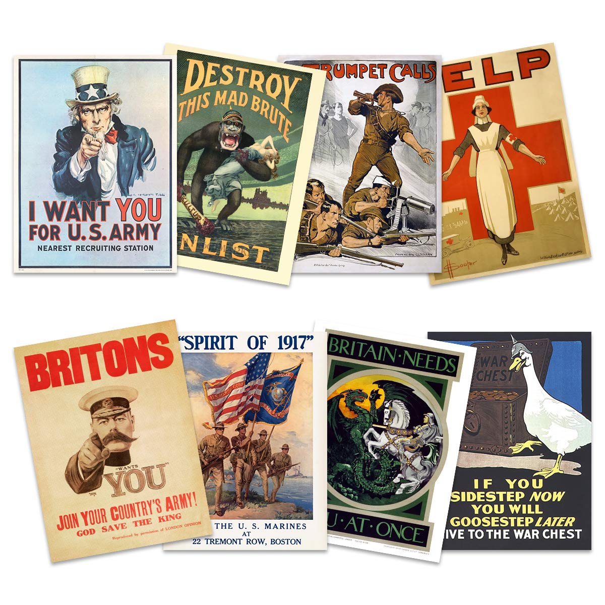 Artery8 World War 1 US UK Allies Military Recruitment Wall Art Print 30 x 41cm 8 Pack