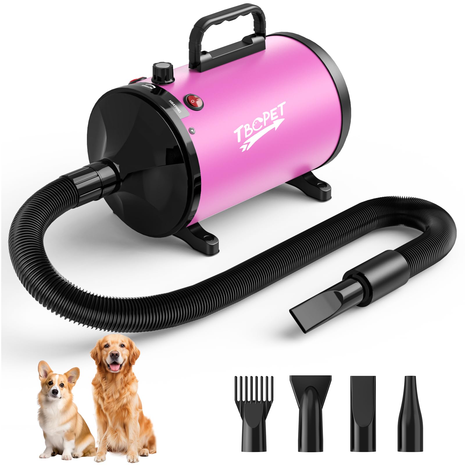 Dog Hair Dryer - 2800W Pet Grooming Hair Dryers with 4 Different Nozzles - Stepless Speed Dog Blaster Dryer, High Velocity Dogs Dryer Pet Blower Dryer, Low Noise Hair Dryer for Dogs Cats (Pink)