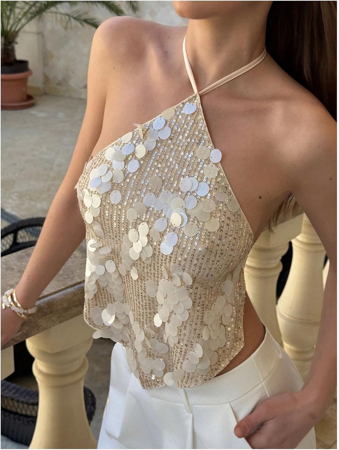 MakeMeChic Women's Sequin Halter Tops Sparkly Backless Sexy Cute Summer Camisole Top - Image 3