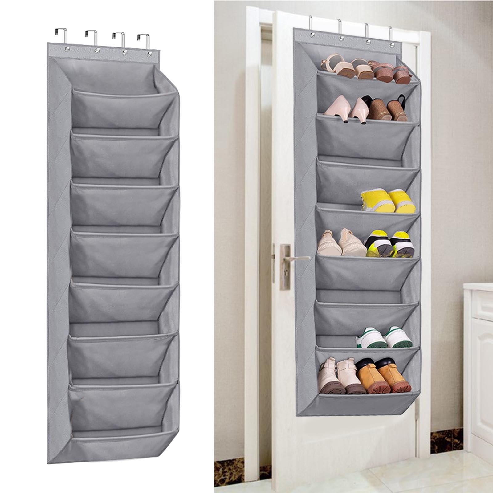 Hängendes Schuhregal, Kleiderbügel, Schuhhalter für schmale Türen, Tiefe Taschen, Tür-Schuhregal für Zimmer Closet Pantry, Hellgrau 8 Schichten