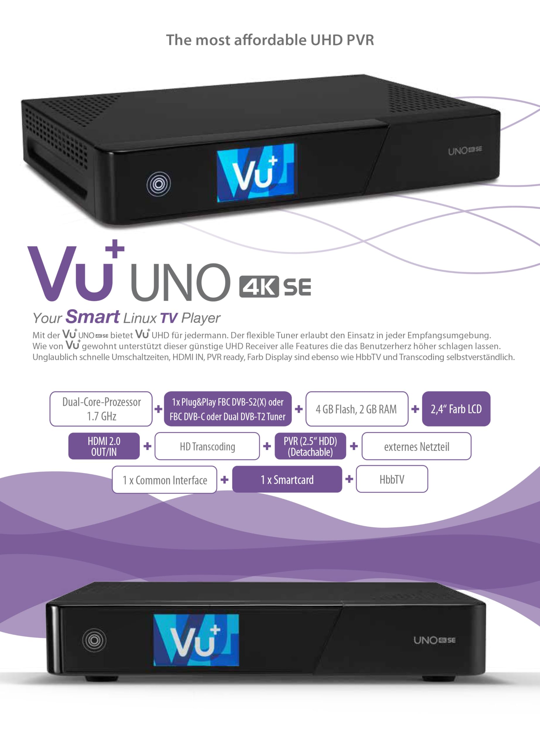 Vu+ UNO 4K SE 1x DVB-C FBC Receiver Twin Tuner PVR Ready Linux Kabelreceiver UHD 2160P TV Receiver Kabel-Fernsehen mit WLAN-Stick 150 Mbits