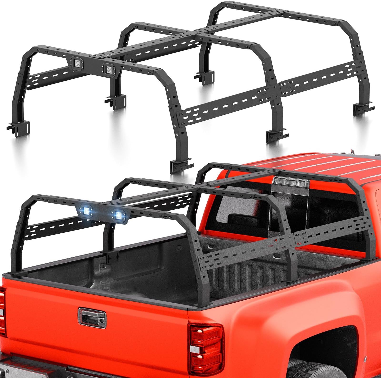 Truck Cargo Rack Adjustable 25" High Overland Bed Racks with 2 LED Lights Compatible with Ford F-Series/Silverado/Sierra/Ram/Tacoma/Tundra/Titan/JT/Frontier Cargo Carrier