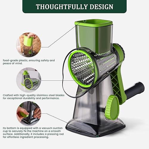 Miniatura 3 de HANSGO Rallador rotativo de queso, triturador de queso, mango que ahorra trabajo, base de succión fuerte, 3 cuchillas intercambiables para quesos