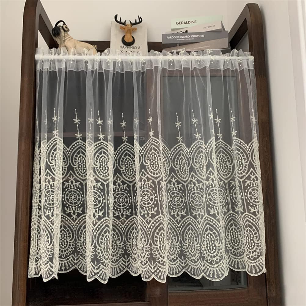 Drop curtains, Sheer Valance Curtain,Window curtains,Short Net Curtains for Kitchen, Handmade Embroidery Sheer Half Curtain Rod Pocket 1 Panel,White,150cm x 30cm Color : White , Size : W x H ( Color :
