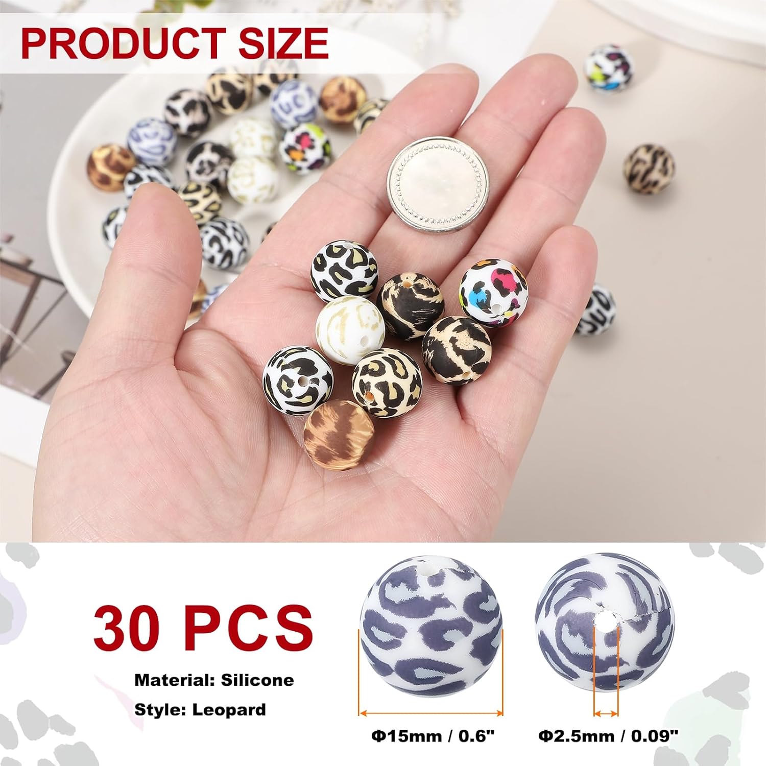 PATIKIL 30 Pcs Silicone Beads, 15mm Round Leopard Beads Bulk Cow Print Focal Bead for Beaded Pen Keychain Making Crafts Bracelets Beadable Jewelry Making Halloween, Snow Leopard - Image 2