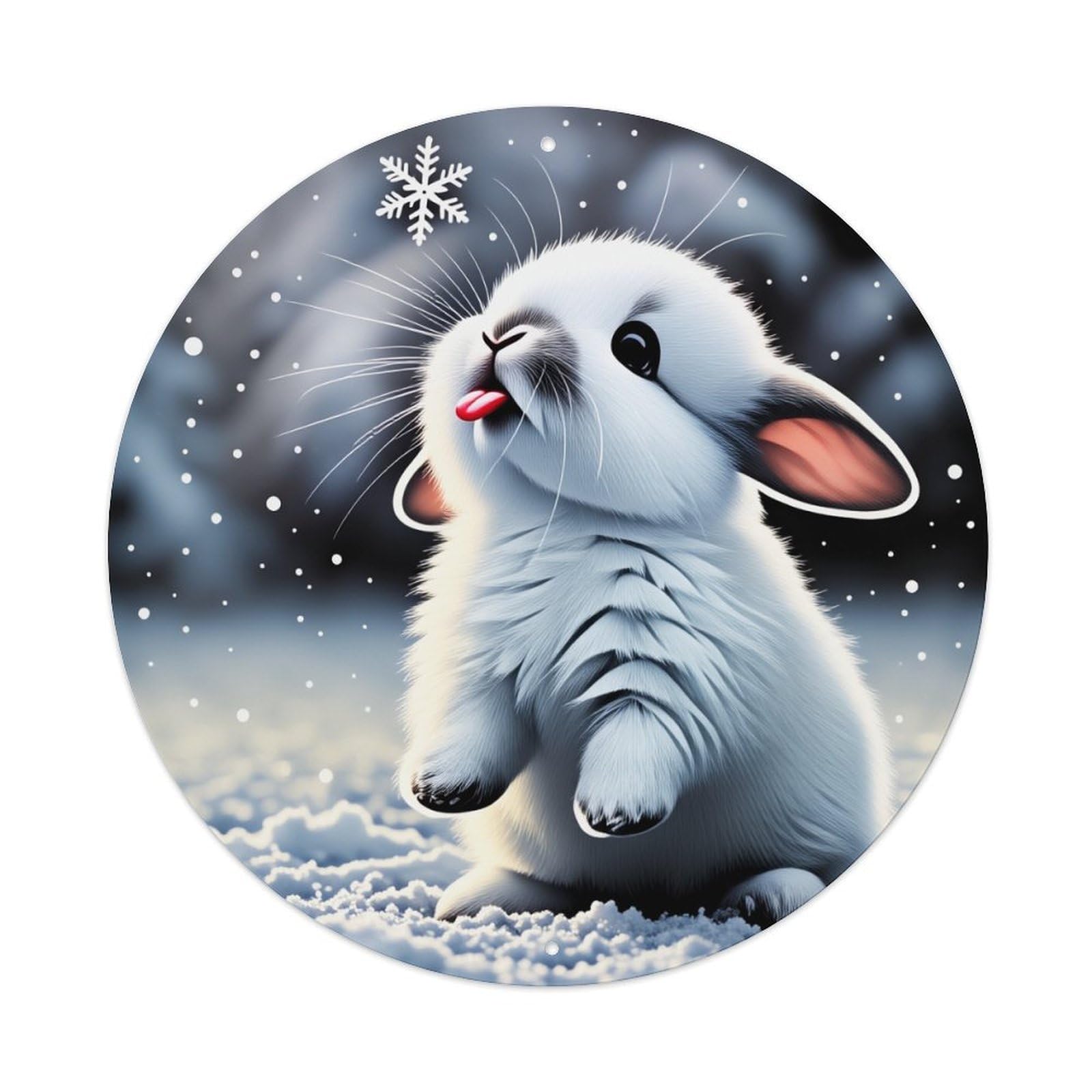 Snowflake Bunny Winter Snowflakes Fluffy White Rabbit Round Vintage Tin Sign,Retro Wall Art,Metal Poster for Home, Bar, Garage, Cafe, Rustic Indoor & Outdoor Decor, 8x8 Inches