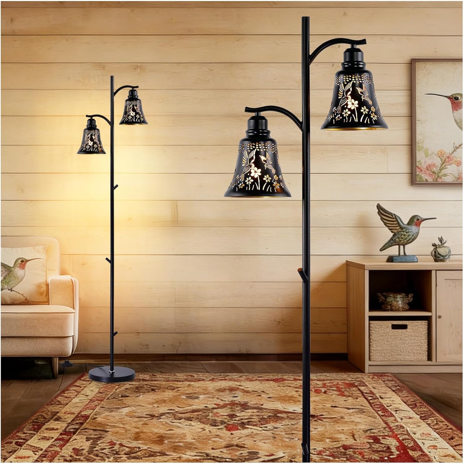 64.56" 2-Light Multi Head Floor Lamp,Gothic Floor Lamp with Hummingbird Lampshade, Black Metal Rustic Floor Lamps Decor for Living Room,Bedrooms,Home,Office,Corner,Bar
