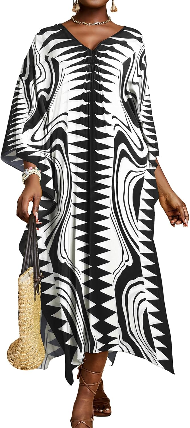 Bsubseach Kaftan Dresses for Women Geometric Print Caftan Long Beach Swimsuit Cover Up Loungewear Dress