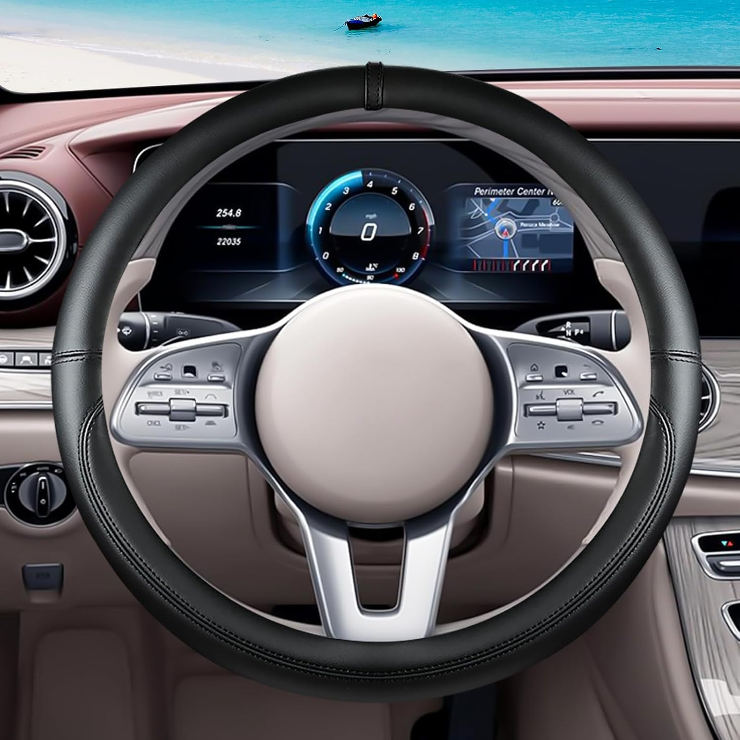 All Black Car Steering Wheel Cover, Nappa Leather, Bottom Color Blocking, Universal 14.5-15 Inch Leather Anti-Slip Breathable Auto Steering Wheel Covers for Men Women