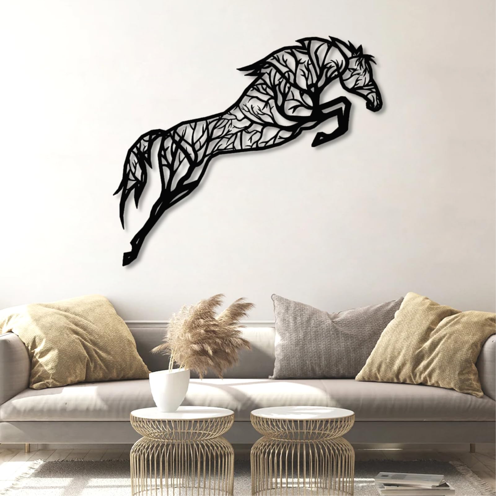 Decorazione murale in Metallo Nero a Forma di Albero e Cavallo, Ramo in Metallo in Stile Western, Scultura Moderna a Forma di Albero e Cavallo per Soggiorno, corridoio e Scale (Oro 41" L x 3