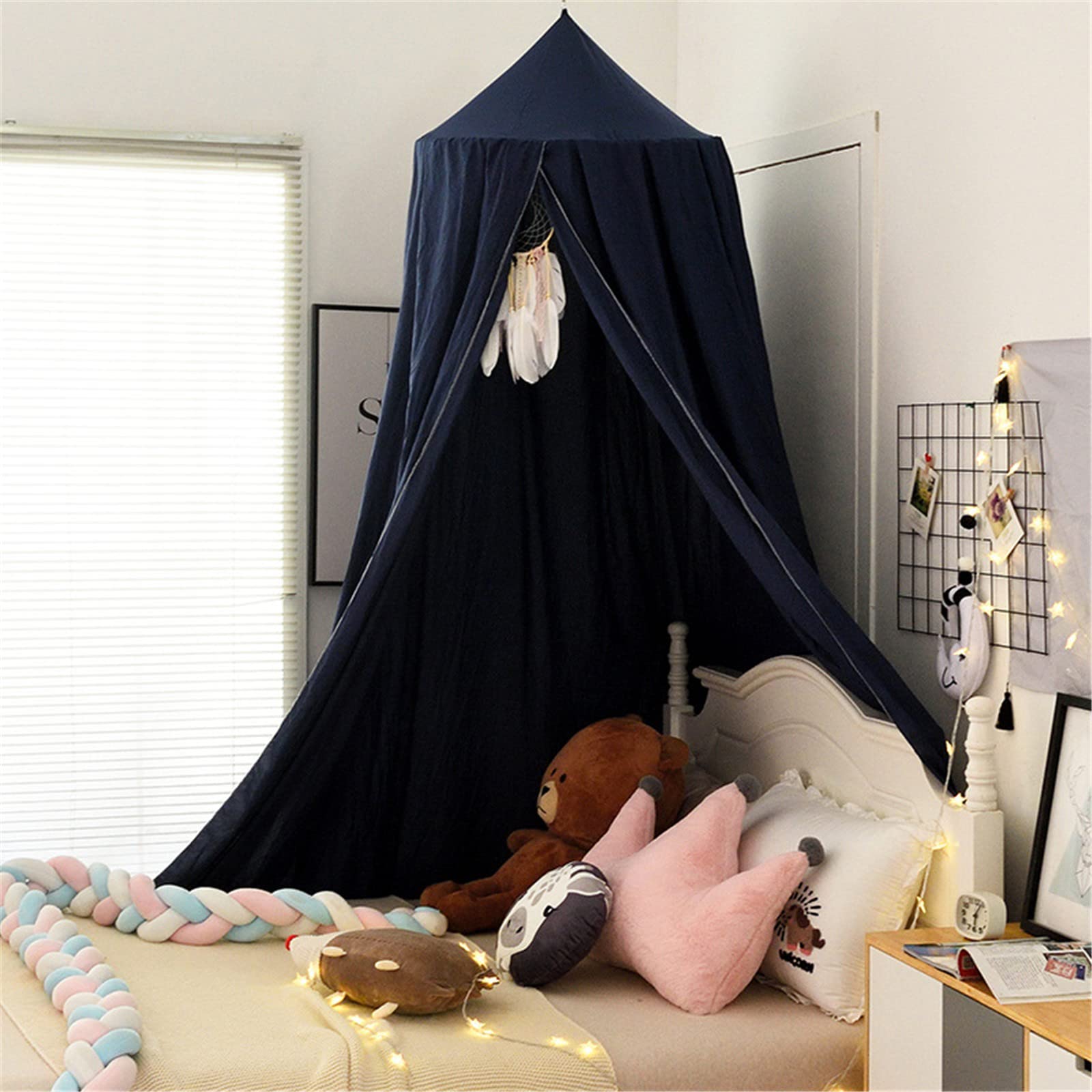 Surwin Bed Canopy for Girls Boys Kids Single Double, Solid Color Round Dome Bed Canopy Mosquito Net Protection Canopy Play Tent Bedroom Nursery Decoration Hanging Curtain Net (Black)
