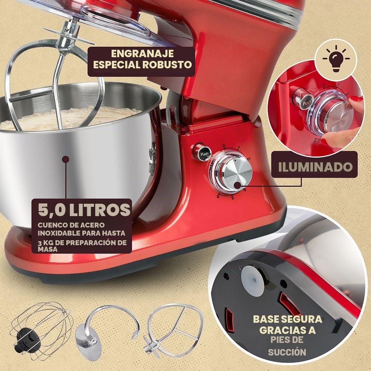 ProfiCook® Robot de cocina para hornear, amasadora de 5 L con potente motor de 1200 W, máquina de masa, incluye gancho y batidor, máquina de amasar retro, protección contra salpicaduras con apertura
