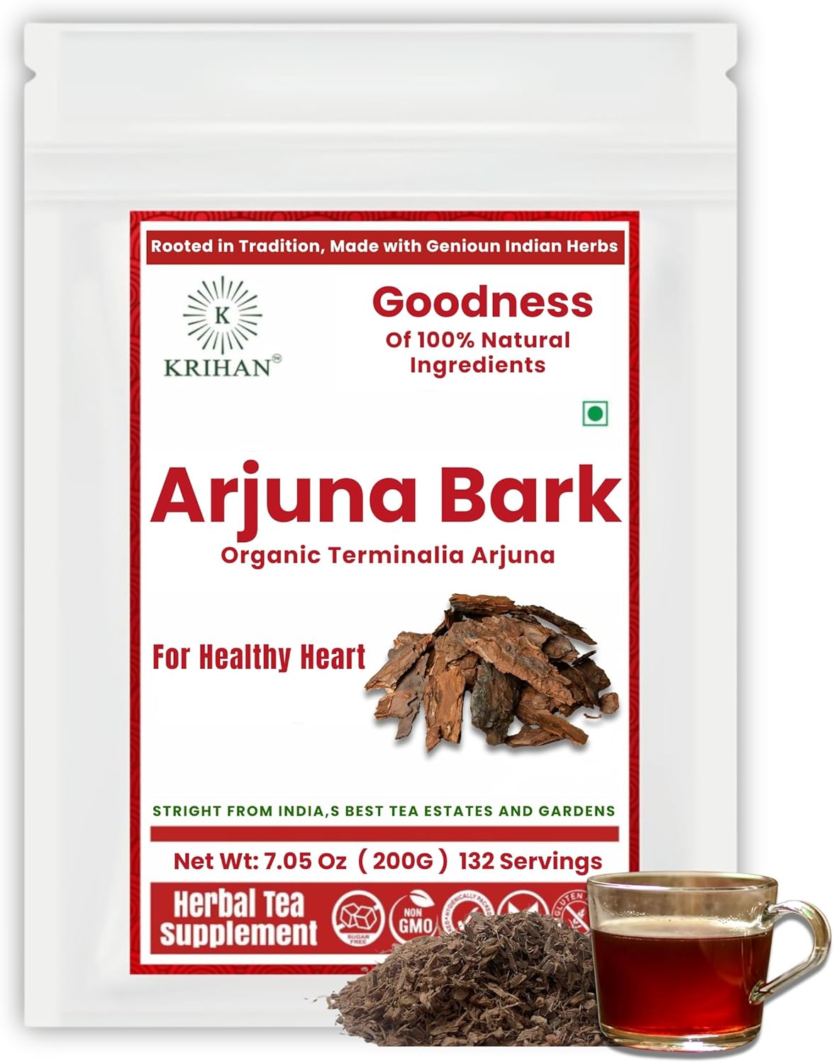 Organic Arjuna Bark Tea (Terminalia Arjuna) - 132+ Count | 100% Natural Whole Loose Arjun Ki Chaal for Heart Health & Wellness Support/Caffeine-Free Herbal Tea | 7.05 Oz (200g)