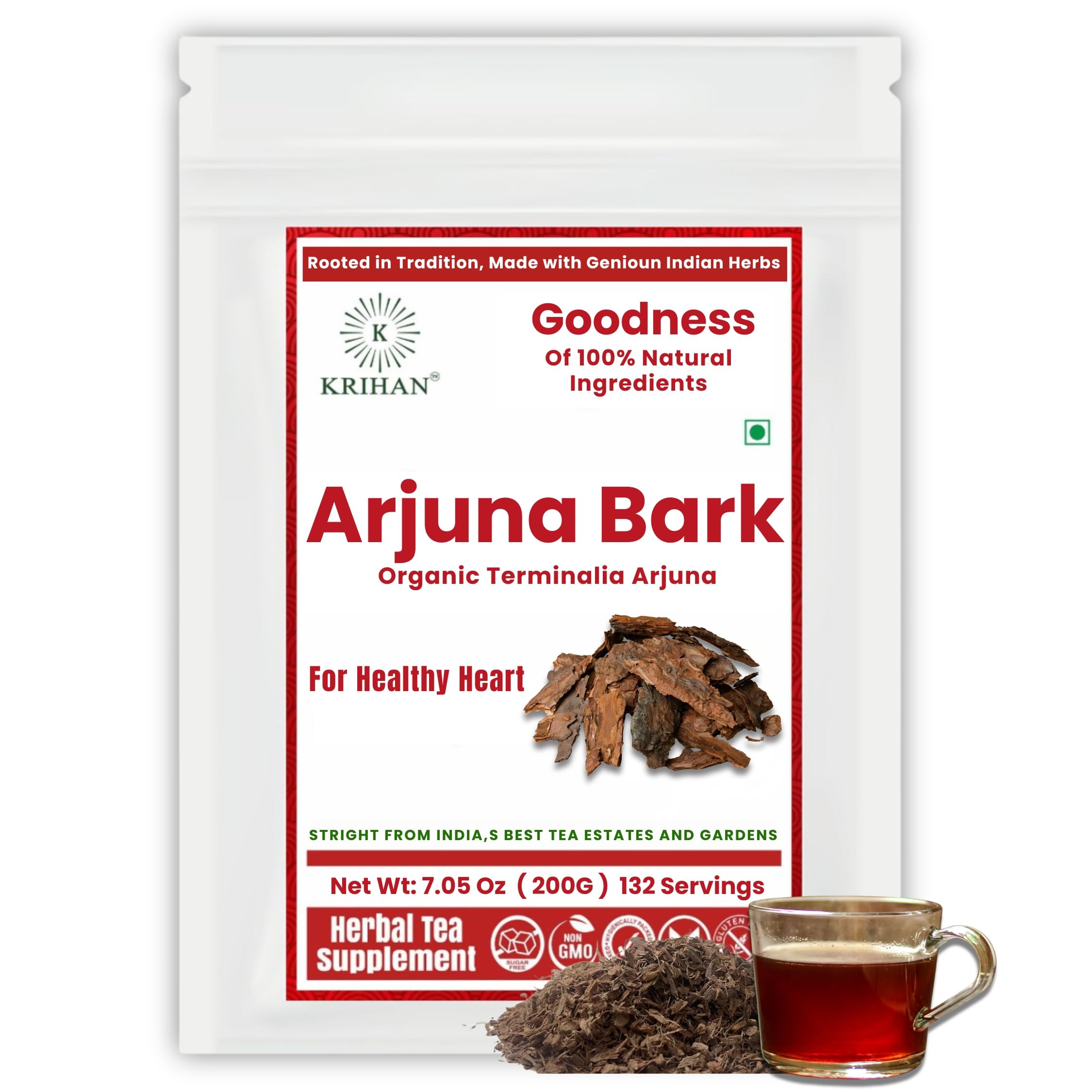 Krihan Organic Arjuna Bark Tea (Terminalia Arjuna) - 132+ Count | 100% Natural Whole Loose Arjun Ki Chaal for Heart Health & Wellness Support/