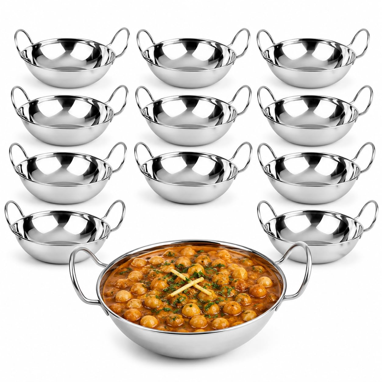 15cm Set Of 6 Stainless Steel Balti Dishes , Curry Karahi Serving Bowls with Handles, Deep Round Indian Curry Serving Dishes, Balti Bowls for Home Kitchen, Restaurant, Catering & Table Serving (12)