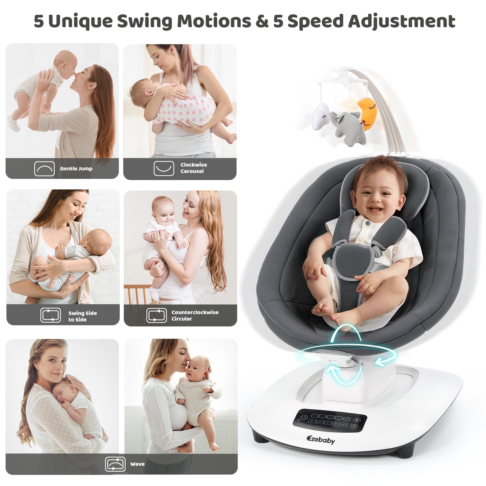 Ezebaby Baby Swing for Infants and Newborns with 5 Unique Motions, Adjustable Speed and Positions, Lullabies, Infant Swing with 5-Point Harness, Baby Swing for Newborn Babies 0-9 Months Grey