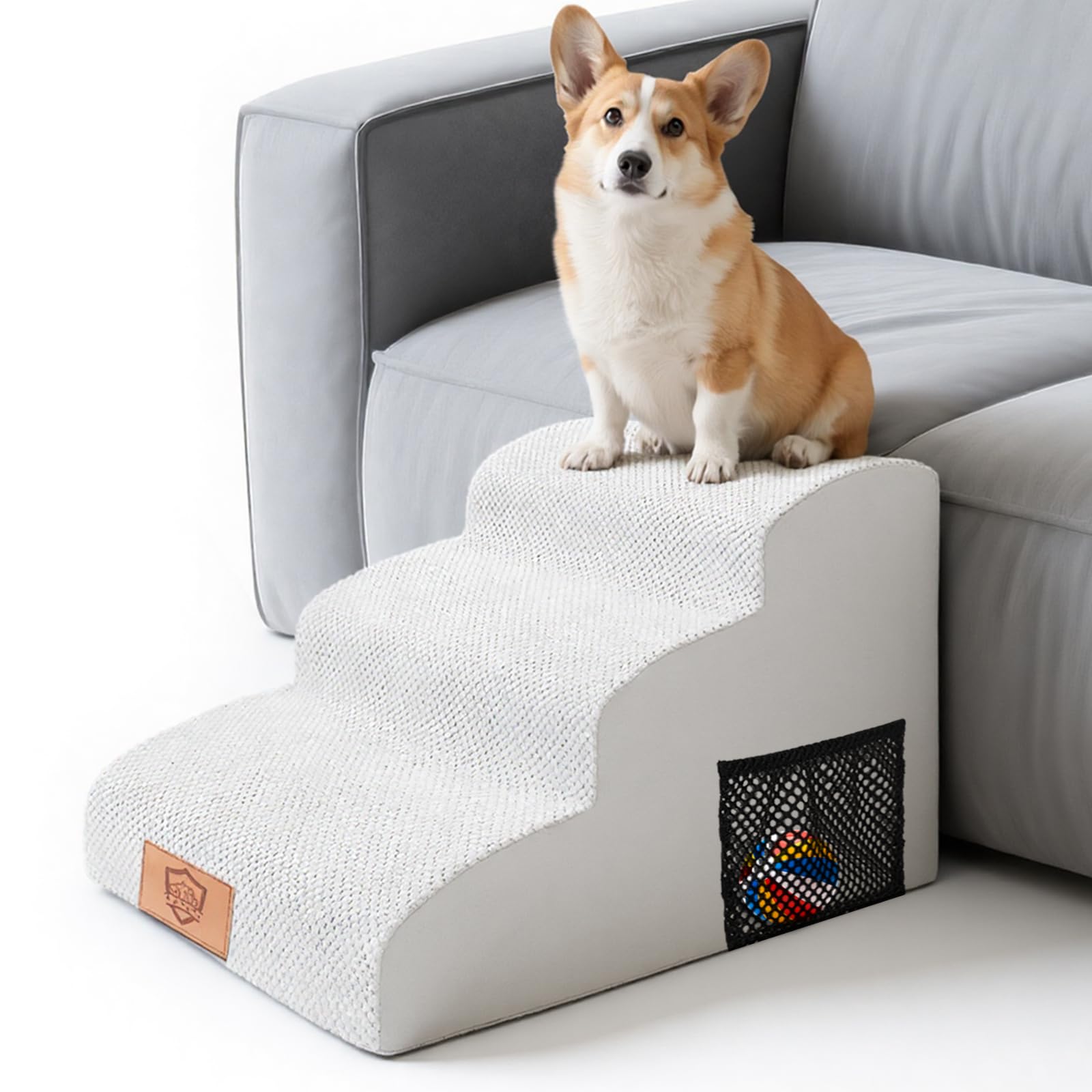 MASTERTOP Scale per Cani a 3 Gradini in Spugna, Scala Antiscivolo per Animali Domestici, Scaletta Spugna Ccuccioli per Divano Letto con Fodera Rimovibile e Lavabile (Bianco)