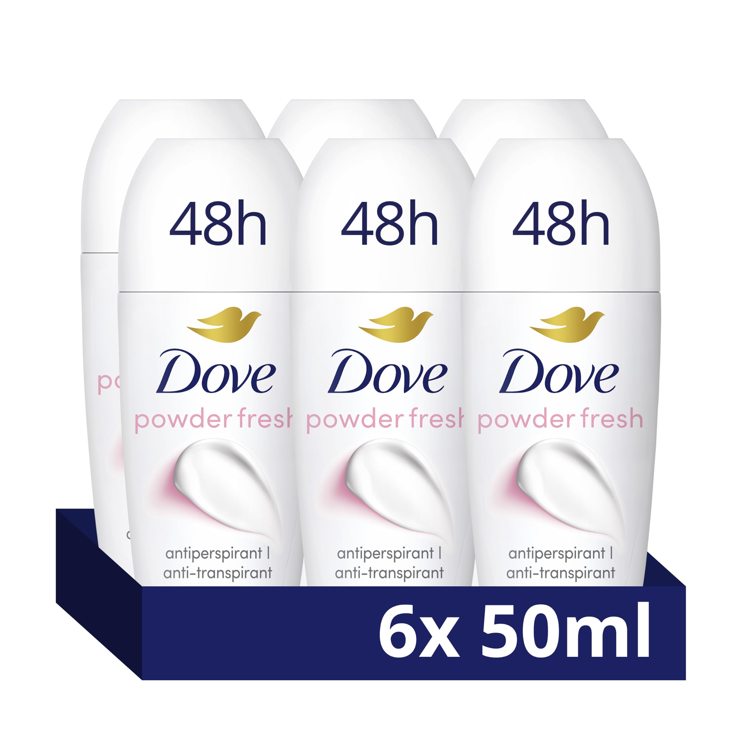 Dove Powder Women's Antiperspirant Deodorant Roll On for 48 hour odour protection with ¼ moisturising cream 50 ml, Pack of 6