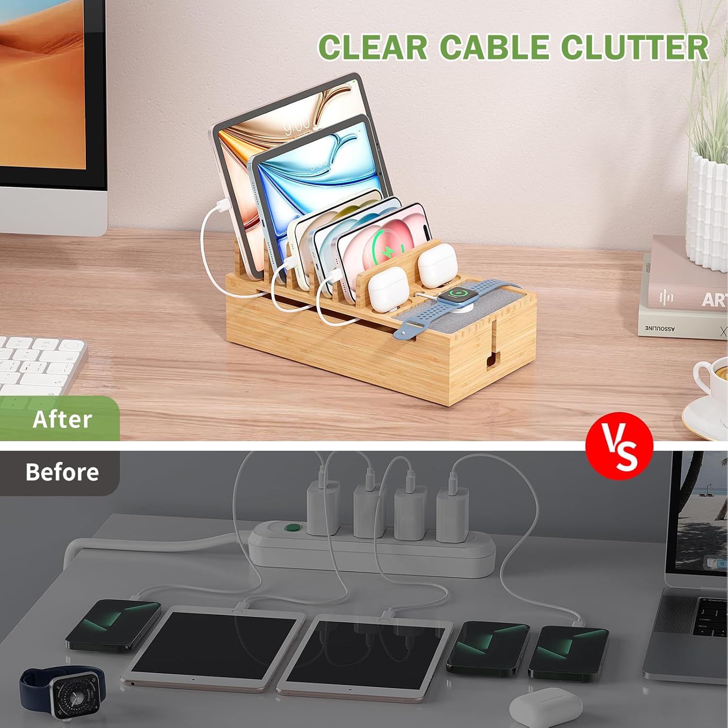 Pezin & Hulin Cell Phone Charging Station for Multi Devices, All in One Desktop Charger Organizer, with Power USB Charge Adapter and 6 Cables, Use As Power Strip Hidden Box -Natural Bamboo Color