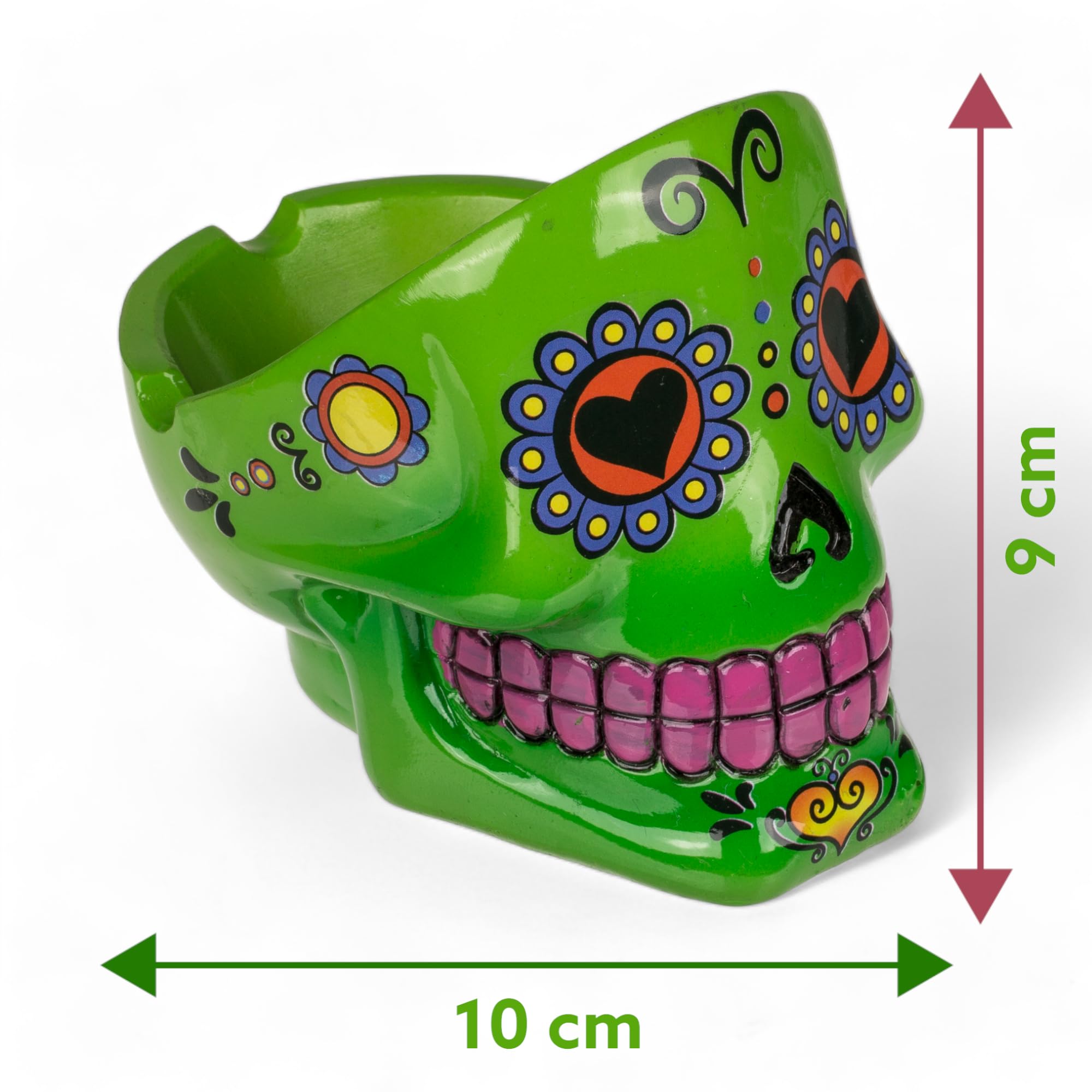MIJOMA Popielniczka Sugar Skull – dekoracyjna popielniczka z czaszką w meksykańskim stylu Calaveras – ręcznie malowana, dekoracyjna pamiątka z żywicy poliestrowej – fajny prezent dla palaczy (zielona)
