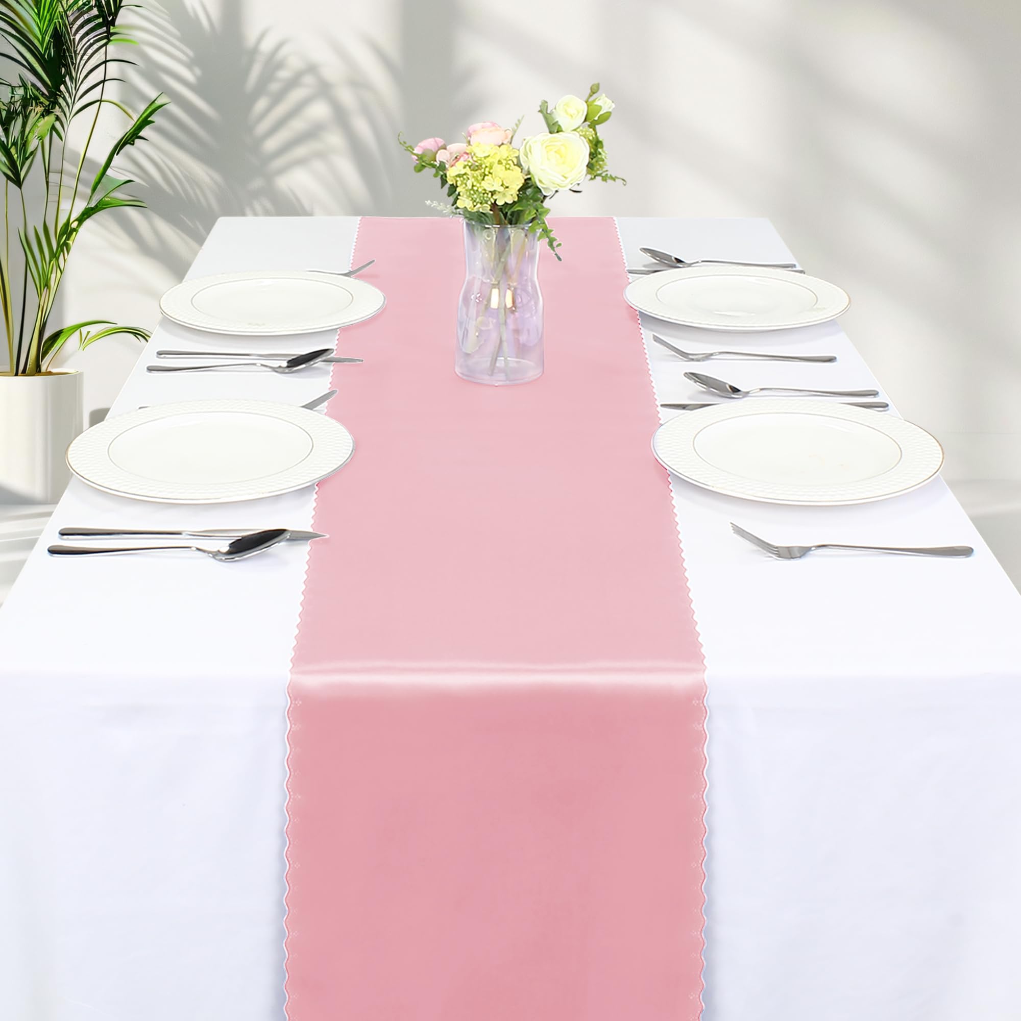 VACVELT Paquete de 12 caminos de mesa de satén de 12 x 72 pulgadas de largo, color rosa rubor, caminos de mesa de boda, caminos de mesa suaves y brillantes para fiestas de cumpleaños, banquetes,