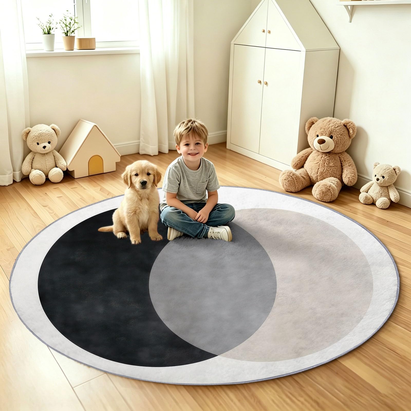 Générique Tapis Enfant Rond Chambre d'enfant Filles Garçons, Moderne Minimaliste Tapis Rond Lavable & Antidérapant pour Salon Chambre Cuisine Salle à Manger Chambre (200 cm, Cercles Noir Blanc)