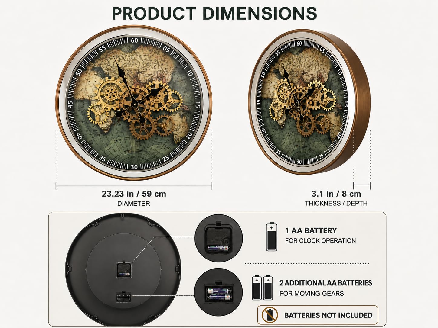 Orologio da parete in metallo con mappa del mondo, 23 pollici, con ingranaggi mobili reali | Orologio a specchio decorativo Steampunk per soggiorno moderno casale ufficio cucina Art Decor,Reloj De Pared Para Sala