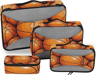 Juego de 4 organizadores de malla para armario, artículos esenciales de viaje, dibujos animados, deportes, baloncesto, color marrón, cubos de embalaje expandibles para maletas
