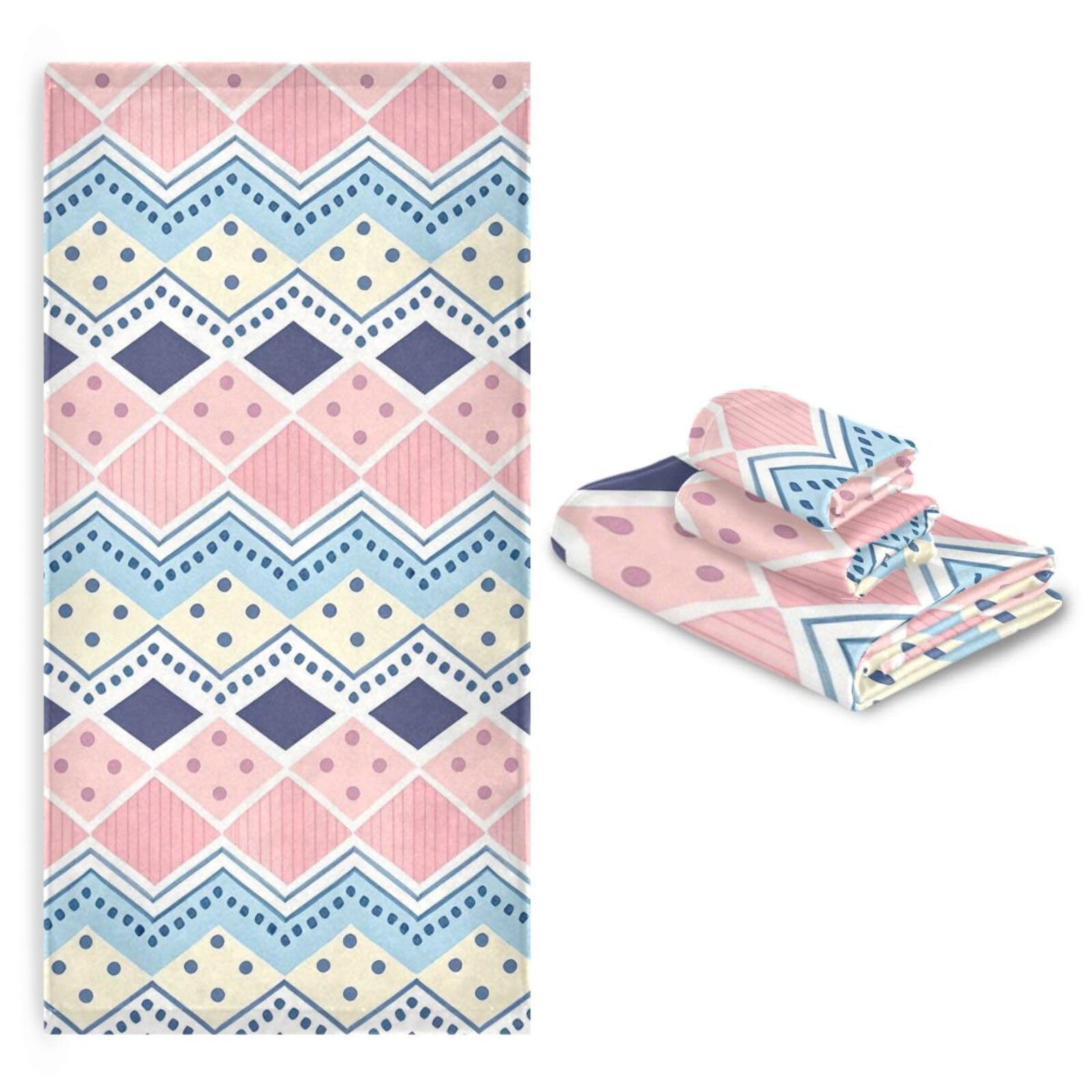 Set di 3 asciugamani per il viso in stile bohémien retrò a righe blu e bianche ad asciugatura rapida, 1 asciugamano da bagno, 1 asciugamano da bagno, 1 panno per cucina, bagno, yoga, palestra