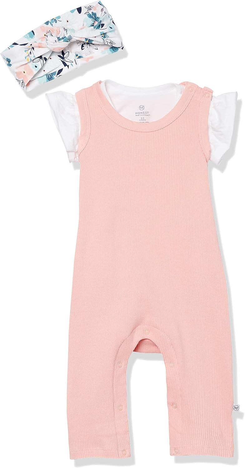 HonestBaby baby-girls Rib Romper, Flutter Sleeve Tee & Headband Set,Organic Cotton