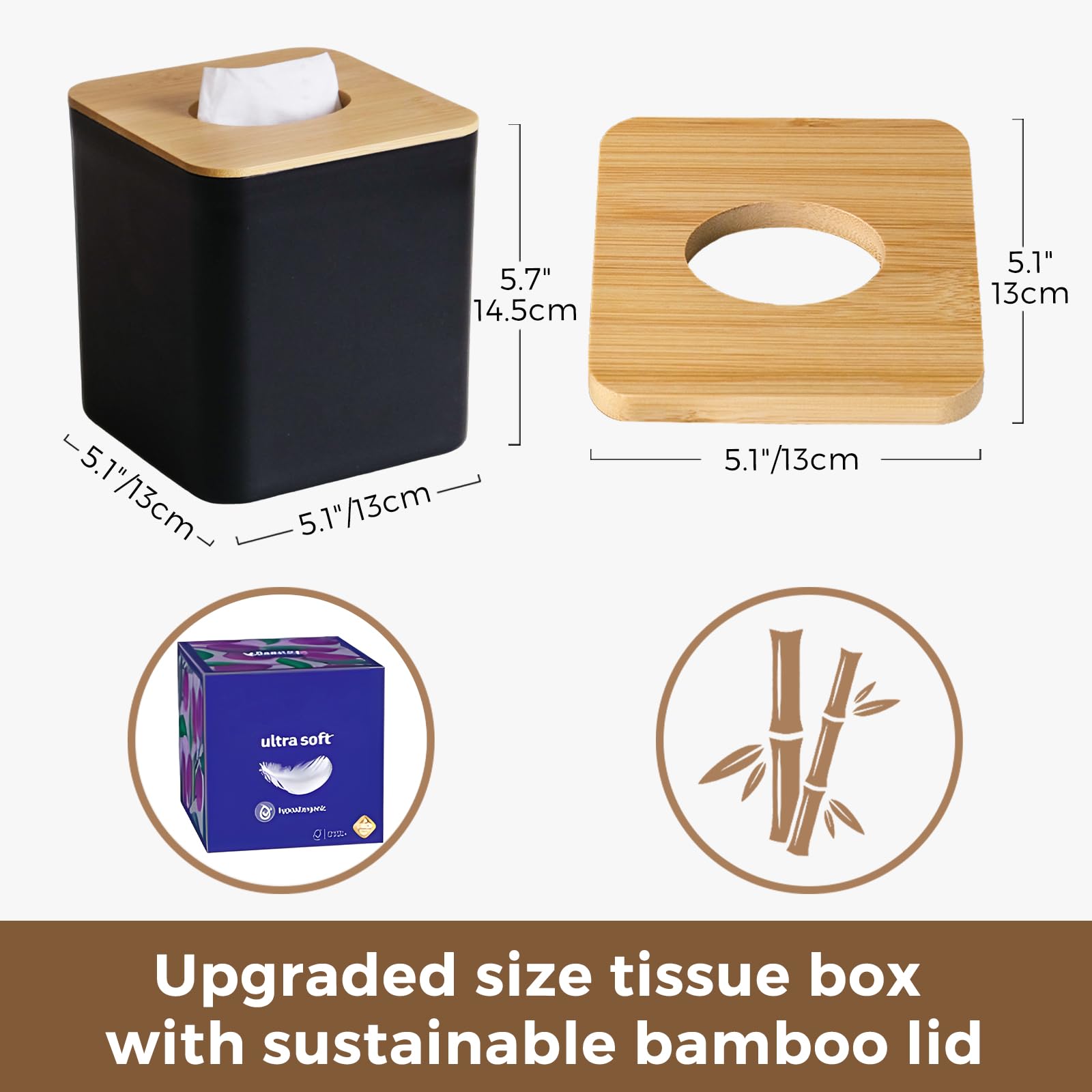 Lot De 2 Boîtes à Mouchoirs Carrées RETON - Plastique Avec Couvercle En Bambou, Noir Et Blanc - Déco Salon Bureau - 5