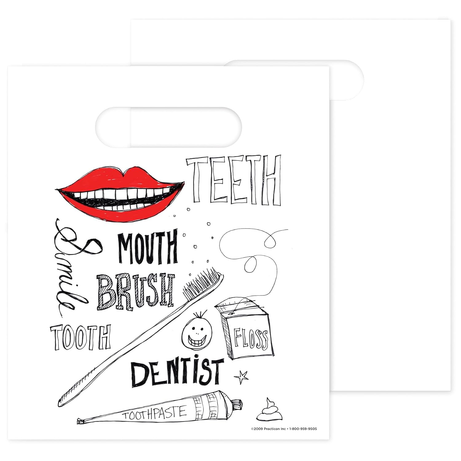 Practicon Dental Doodle 7-3/4" x 9" Dental Giveaway Bag, Dental Hygiene Patient Care Goodie Bag, Dentist Office Plastic Gift Bags, 100 Pack