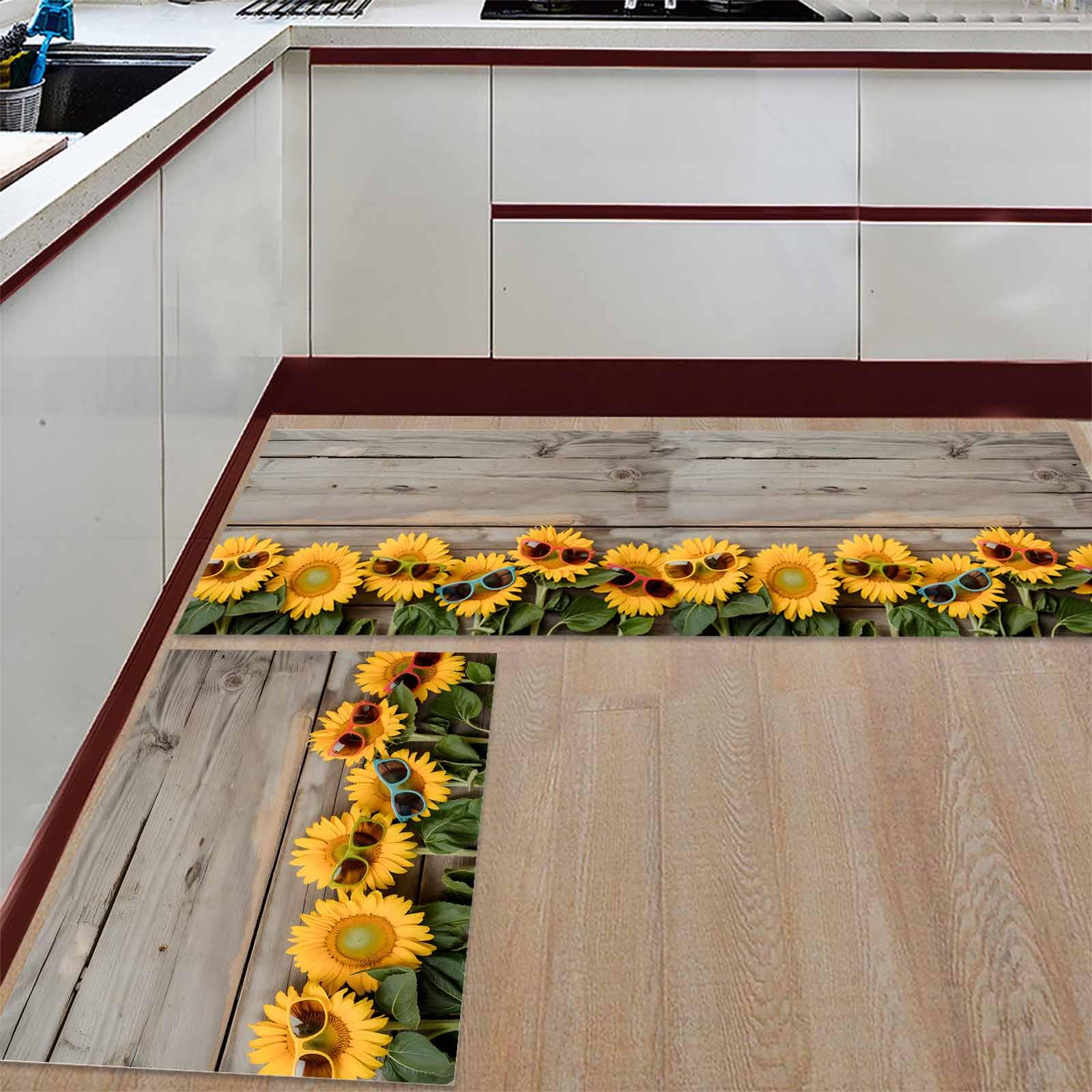 2 Pieces Kitchen Rugs and Mats,Abstract Sunflower with Sunglasses Area Runner Rug Set Non Slip Floor Doormat Washable Carpet Standing Mat for Kitchen Sink Indoor Corridor,Summer Flower on Wood Board