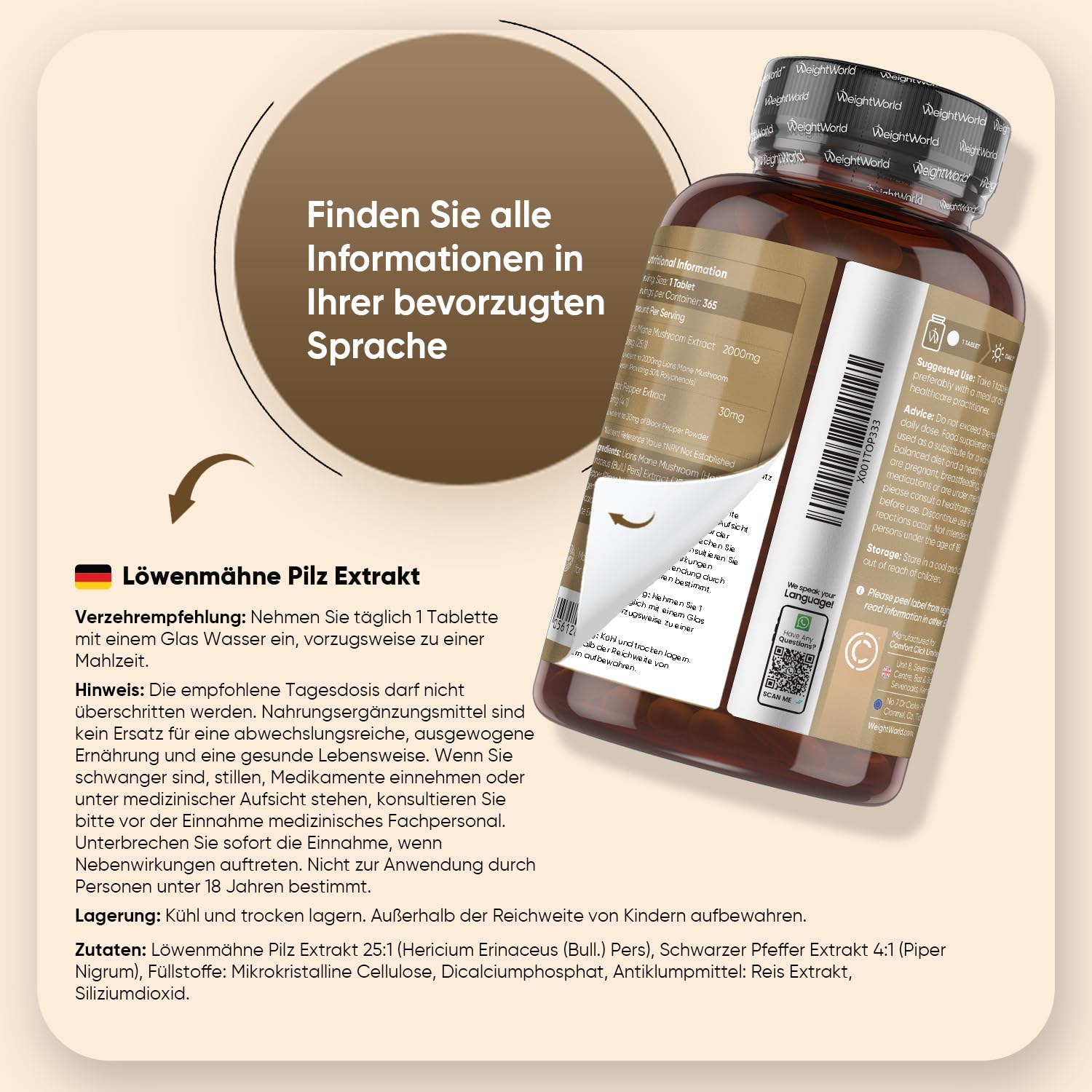 Löwenmähne Pilz 365 Tabletten - 2000mg je Tablette - 50% Polyphenol - Lions Mane Mushroom (Hericium Erinaceus) - 25:1 Extrakt mit Schwarzer Pfeffer 30mg - 1 Jahr Vorrat - WeightWorld