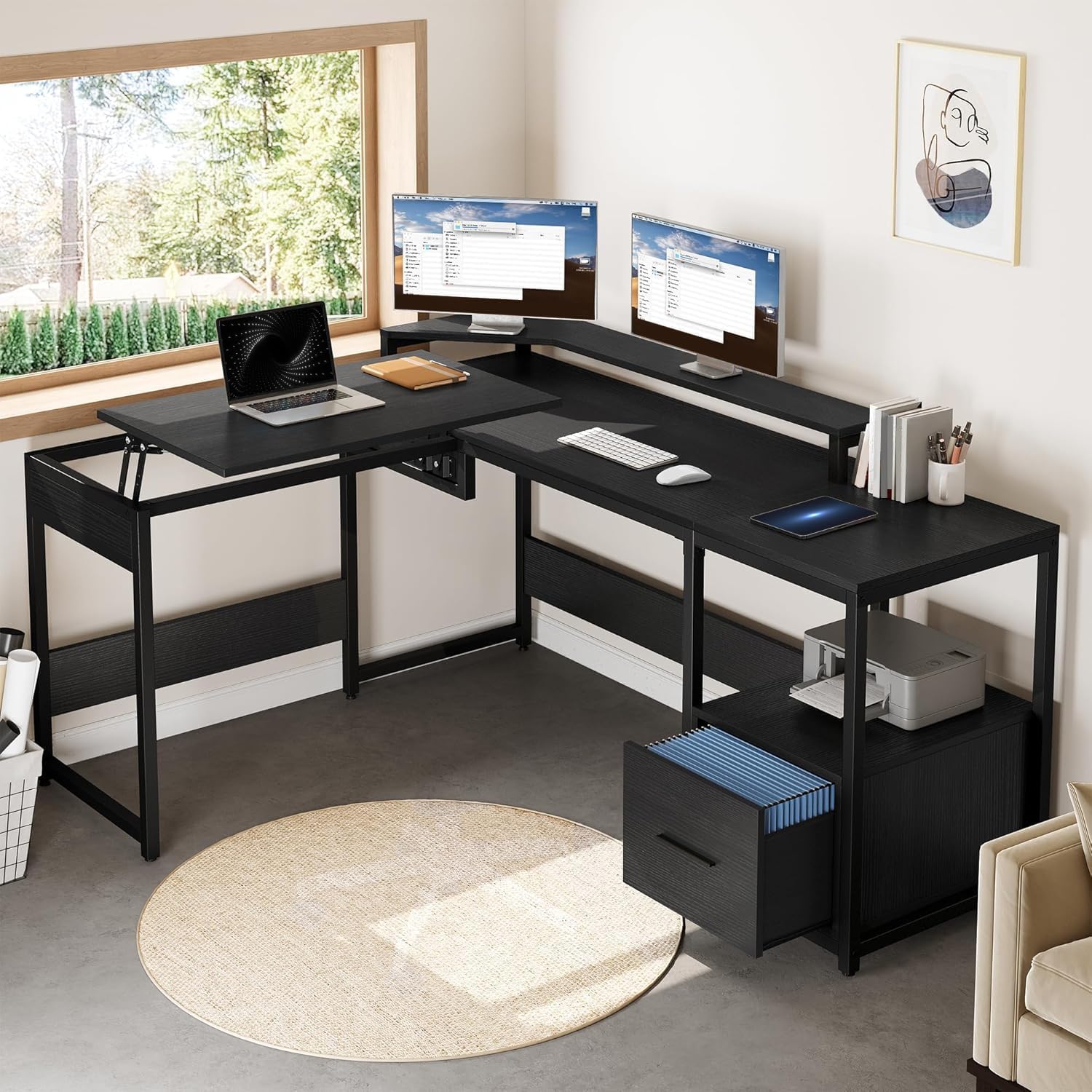 YITAHOME L Shaped Desk with Lift Top, 65" Adjustable Standing Desk with File Drawer, Corner Computer Desks with Storage Shelves, Black